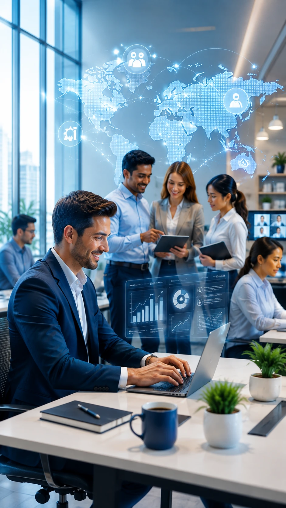 UpworkVA global team collaborating in a modern office environment
